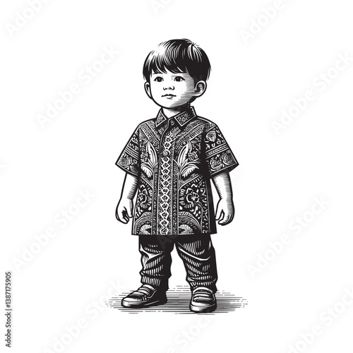 Charming young boy illustration wearing intricate batik shirt design