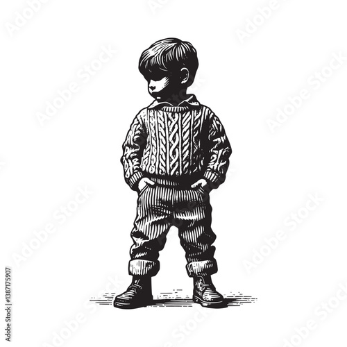 Charming young boy in cozy knitwear rendered in a distinct woodcut style