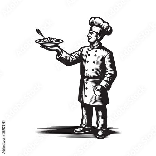 Chef Presents Tiny Dish with Humor in Detailed Woodcut Style Illustration