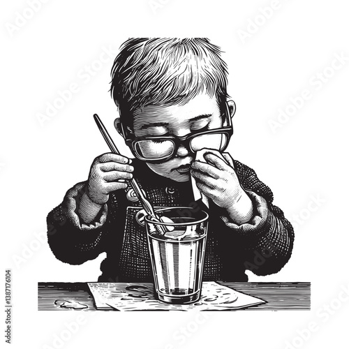Child meticulously cleans glasses in vintage style woodcut drawing