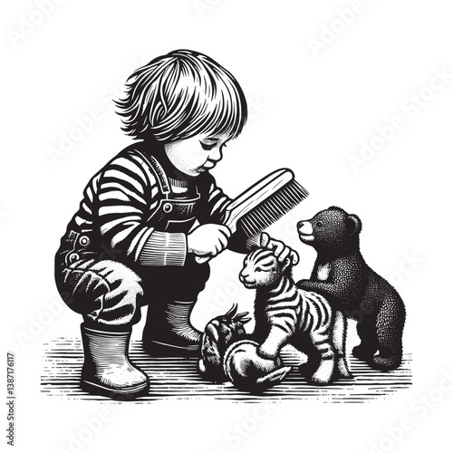 Child attentively brushing toy animals, fur with love in vintage woodcut style