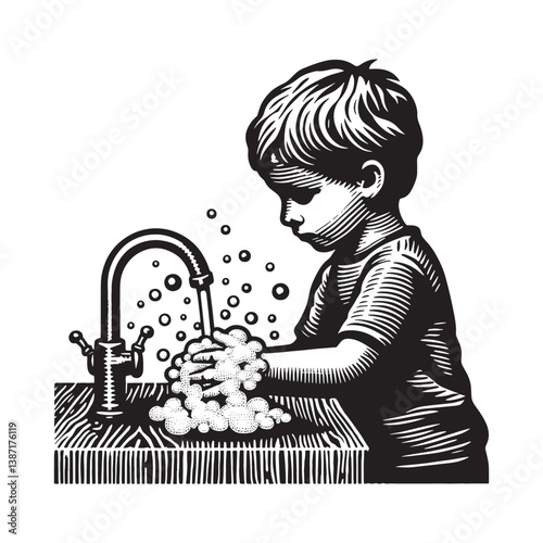 Child washing hands with water and soap for hygiene in woodcut illustration