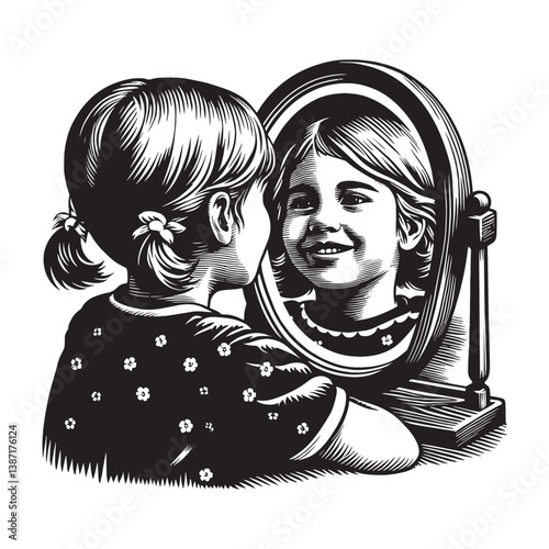 Child,s joyful reflection a woodcut illustration of self-discovery and happiness