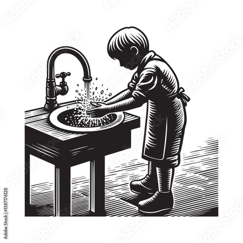 Child,s Hygiene Routine A woodcut illustration emphasizing health consciousness