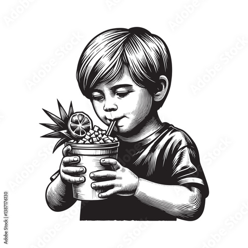 Child,s delight a tropical fruit slushie in woodcut style drawing art