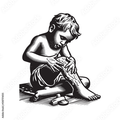 Child,s Self-Care Ritual Applying Lotion in Striking Woodcut Style Art