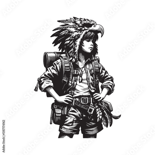 Child in Eagle Headdress Embarking on a Fictional Exploration Venture