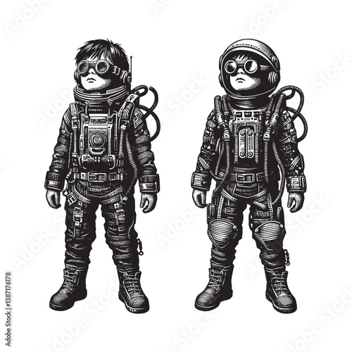 Children,s Space Exploration Dreams Vintage Style Woodcut Illustration Style