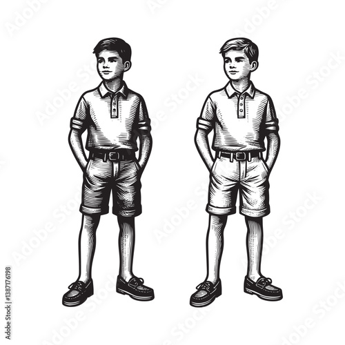 Classic depiction of two young boys in polo shirts and shorts in woodcut style