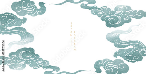 Japanese background with hand drawn line cloud pattern vector. Vintage template with geometric pattern border and frame design.