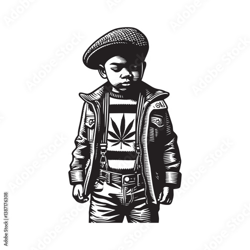 Cool kid in reggae style attire with suspenders and a beret illustration