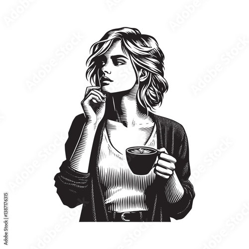 Contemplative woman with coffee in realistic, monochrome woodcut illustration