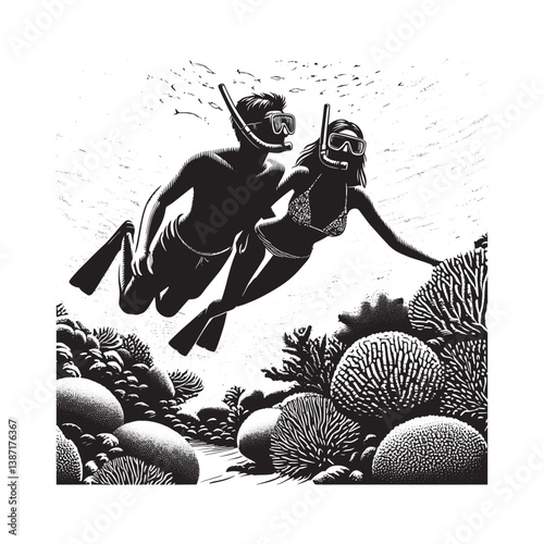 Couple discovering vibrant coral reefs beneath the sea in detailed linocut style