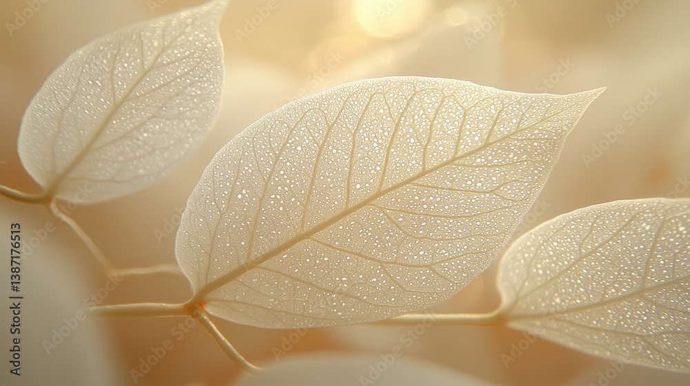 Obraz premium A close-up reveals a mesmerizing dance of delicate white leaves, their veins shimmering like silver threads against a soft, off-white canvas, creating a seamless and ethereal pattern. 