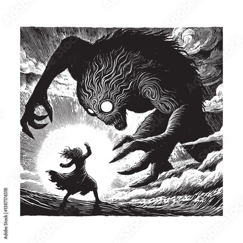 Courageous woman confronts a menacing creature in a desolate monochrome land