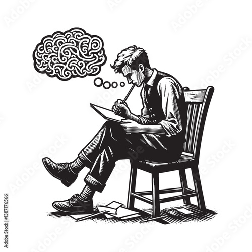 Creative thinking illustration of a doodling man on paper visualization