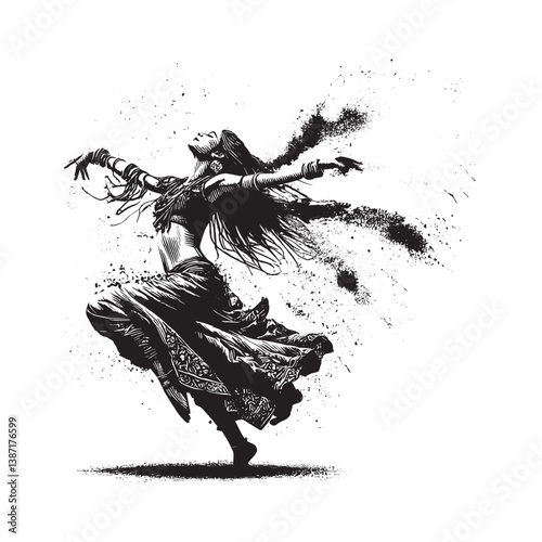 Dancer in motion with vibrant powder paint explosion artistry sketch
