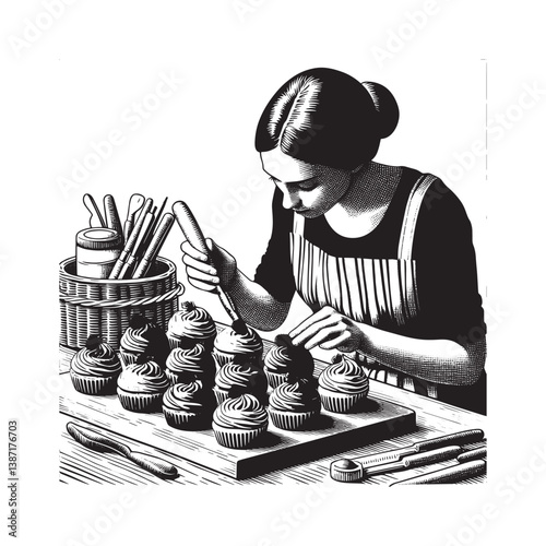 Detailed illustration of a woman decorating cupcakes with colorful frosting swirls