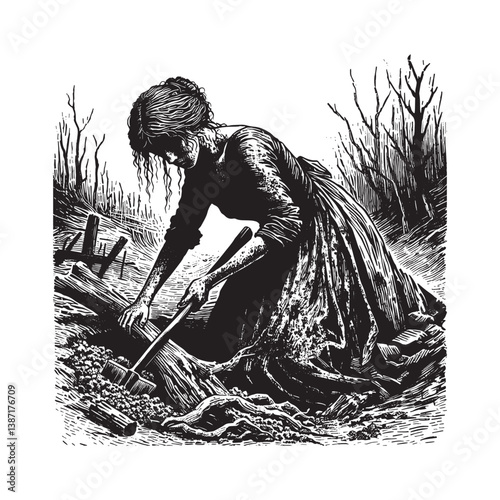 Desperate digger woman uncovering earth in woodland black and white drawing