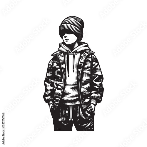 Detailed woodcut style illustration of a boy in camo jacket and beanie