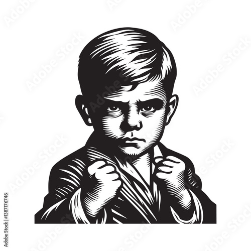 Determined youth in monochrome woodcut style with clenched fists and focused gaze