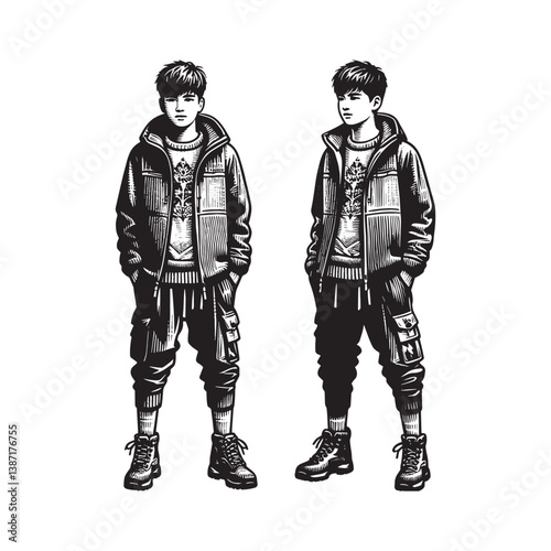 Detailed woodcut illustration of a young man in outdoor attire fashion