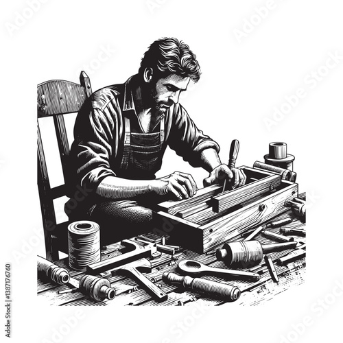 Detailed illustration of a craftsman working with wood in his workshop space
