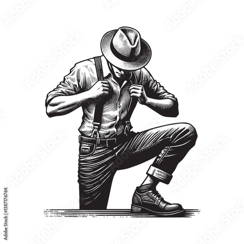 Detailed woodcut of a man adjusting his hat wearing suspenders and work trousers