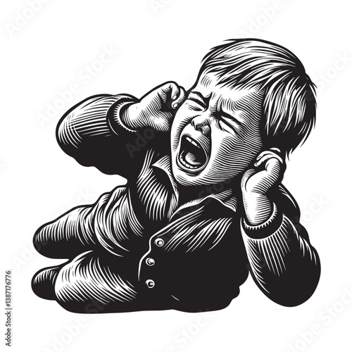 Distressed child vividly expressing frustration in monochrome woodcut art