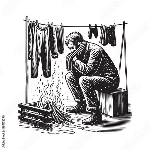 Distressed man drying clothes by a fire rendered in woodcut style