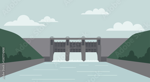 A concrete dam spans a wide river, creating a waterfall. Rolling green hills frame the scene under a cloudy sky. Ideal for environmental or infrastructure concepts.