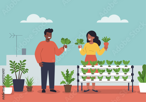 A couple happily holds fresh produce in a modern indoor hydroponic garden. Bright, cheerful scene showcasing healthy living and urban farming.