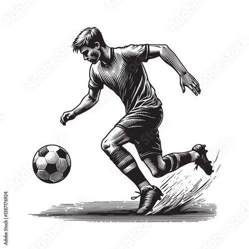 Dynamic monochromatic depiction of a soccer player in mid-action illustration