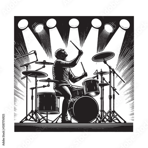 Dynamic black and white illustration of a drummer performing on a well-lit stage