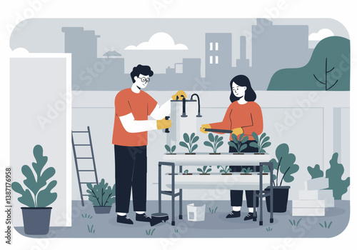A couple tends to a rooftop garden with plants and herbs. They are smiling and working together, enjoying a sunny day. Modern urban rooftop setting.