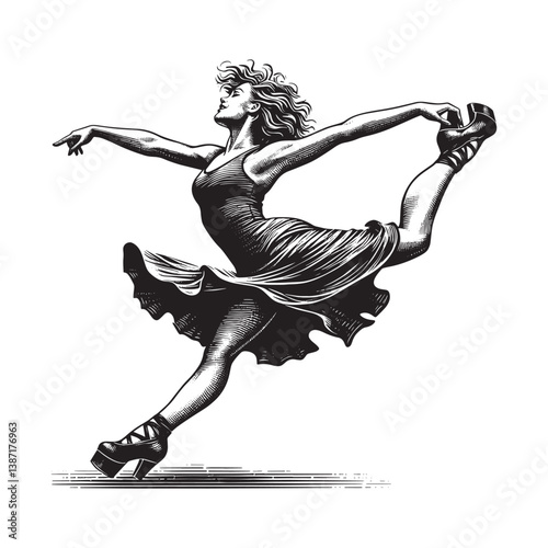 Dynamic monochrome illustration of a dancer in elegant pose and classic attire