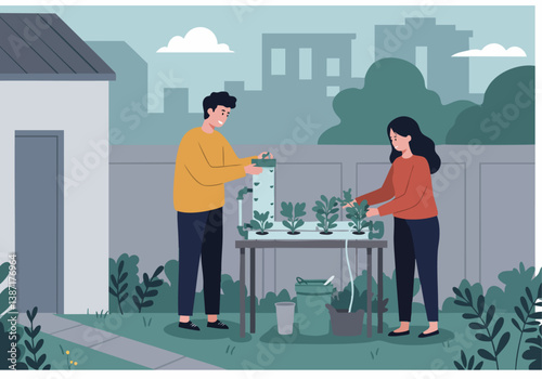 A young couple tends to a vertical garden in their backyard. They smile while working together, showcasing a sustainable lifestyle. Bright, modern aesthetic.