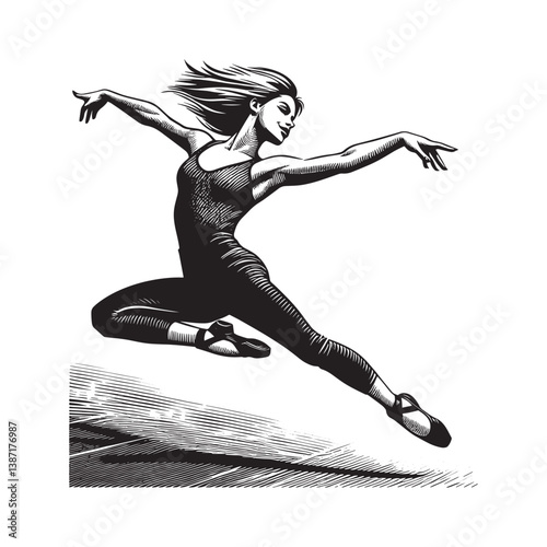 Dynamic monochromatic illustration of a graceful woman in mid-air ballet leap