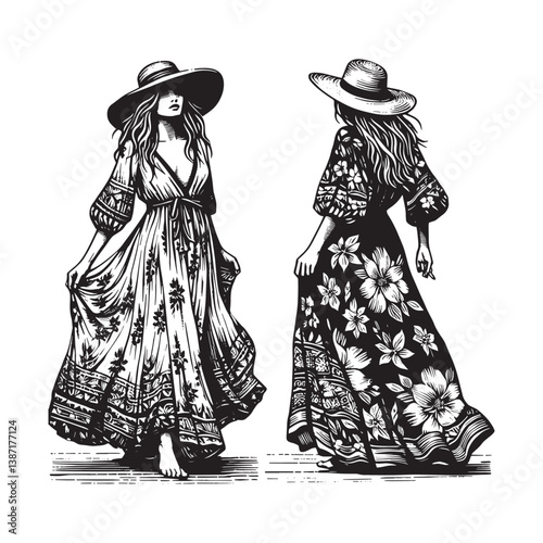 Elegant bohemian dresses in woodcut style with floral elements and hat wearing models