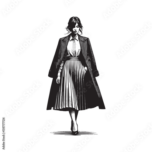 Elegant businesswoman walking in a pleated skirt and tailored coat art