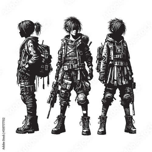 Dystopian survival sketches showing stylized children in rugged attire