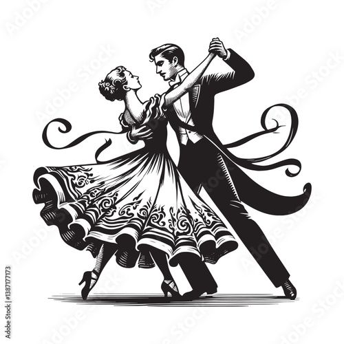 Elegant couple in vintage waltz a timeless monochrome dance illustration