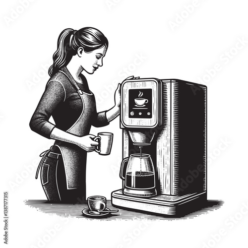 Elegant depiction of a woman brewing coffee with a modern smart coffee machine
