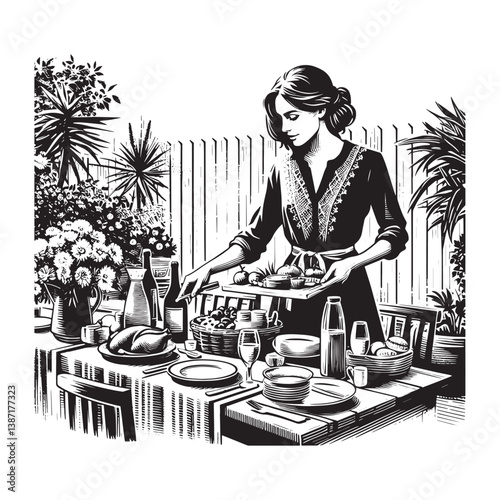 Elegant monochrome drawing of a woman setting a sophisticated outdoor brunch