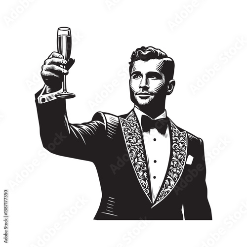 Elegant monochrome drawing of a man in a tuxedo raising a champagne glass