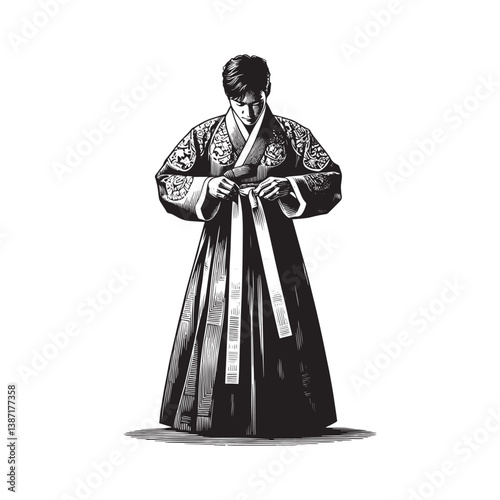 Elegant Korean hanbok drawing adjusting the jeogori ribbon with intricate patterns