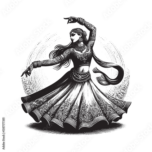 Elegant Mehndi Dancer in Woodcut Style Celebrating Festive Occasion