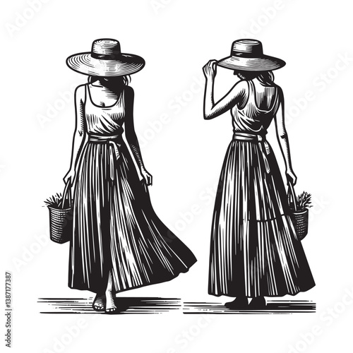 Elegant monochrome portrait of a woman in a maxi dress and straw hat illustration