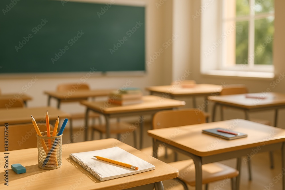 Naklejka premium Classroom Setting With Empty Desks and School Supplies on a Sunny Day