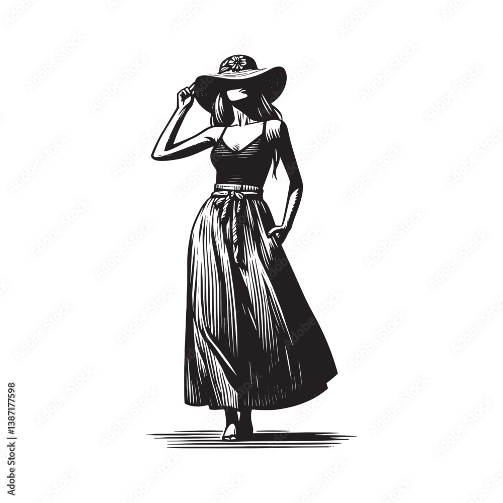 Fototapeta premium Elegant woman in maxi skirt and straw hat black and white woodcut design